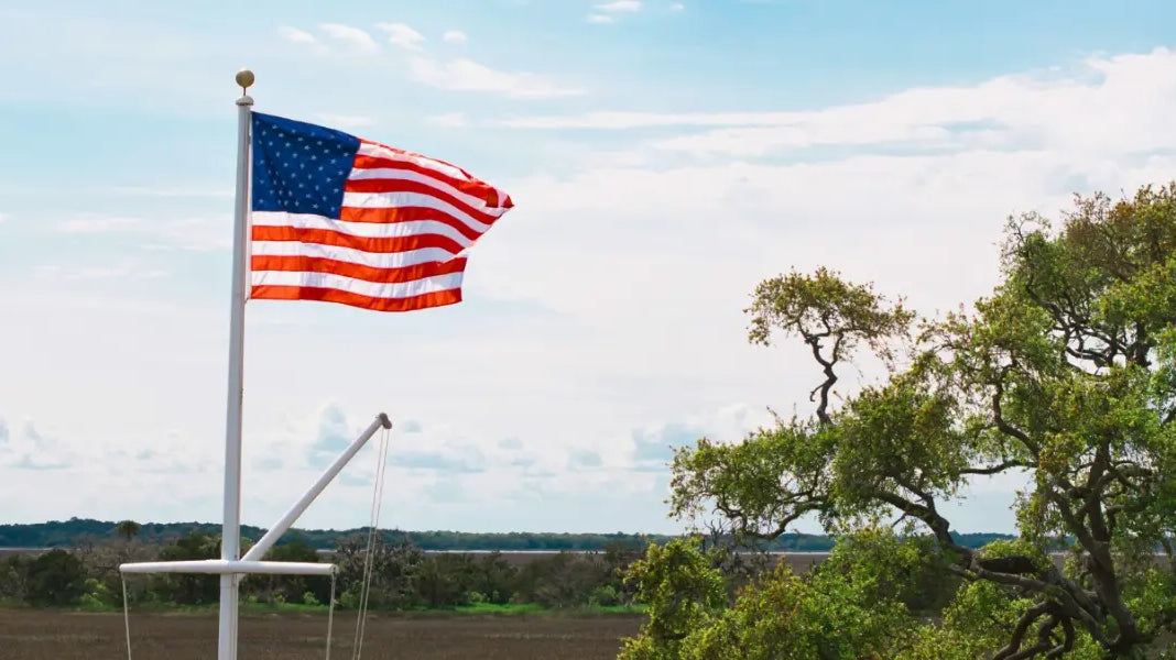 American flag Labor Day display with the flag waving on a tall pole against an open rural landscape.