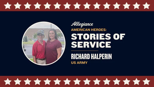 Richard Halperin posing alongside a woman, featured in "Stories of Service" honoring US Army veterans on a decorated background