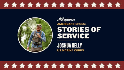 Joshua Kelly, shown holding fishing gear, featured in "Stories of Service" honoring US Marine Corps veterans on a patriotic background