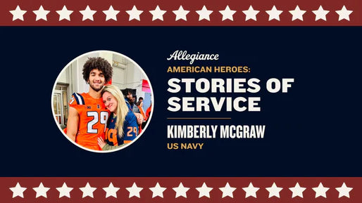 Kimberly McGraw, posing with an athlete, highlighted in "Stories of Service" celebrating US Navy veterans on a patriotic backdrop