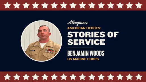 Benjamin Woods featured in "Stories of Service," honoring his service in the US Marine Corps on a patriotic background