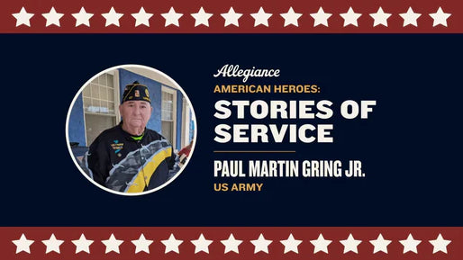 Paul Martin Gring Jr. featured in "Stories of Service," honoring his contributions as a US Army veteran on a patriotic background
