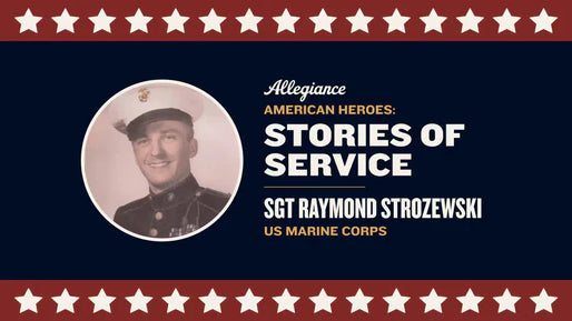 Sgt Raymond Strozewski featured in "Stories of Service," honoring his dedication in the US Marine Corps on a patriotic background