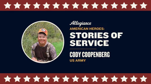 Cody Coopenberg, dressed in outdoor gear, highlighted in "Stories of Service," celebrating US Army veterans on a patriotic backdrop