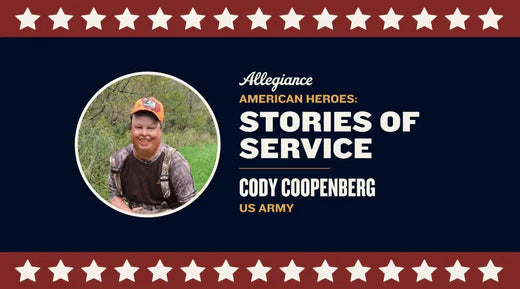 Cody Coopenberg, dressed in outdoor gear, highlighted in "Stories of Service," celebrating US Army veterans on a patriotic backdrop