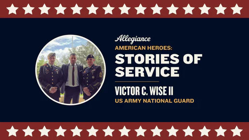 Victor C. Wise II, standing with fellow servicemembers, highlighted in "Stories of Service," celebrating US Army National Guard veterans on a patriotic backdrop