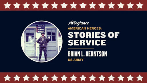 Brian L. Berntson, in military uniform, highlighted in "Stories of Service," celebrating US Army veterans on a patriotic-themed backdrop