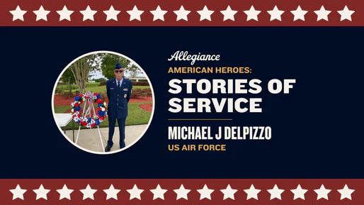 Michael J DelPizzo, standing next to a red, white, and blue wreath, highlighted in "Stories of Service," celebrating US Air Force veterans on a patriotic backdrop