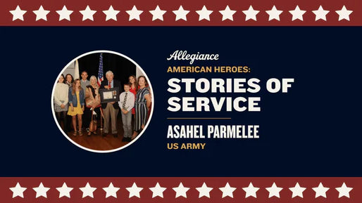 Asahel Parmelee is featured with a group of family and friends, holding a framed award, and standing in front of an American flag, as part of "Stories of Service," honoring his service in the US Army on a patriotic-themed background