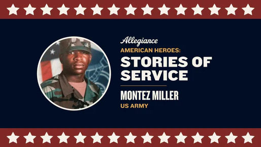 Montez Miller, dressed in a U.S. Army uniform and camouflage cap, poses in front of an American flag backdrop