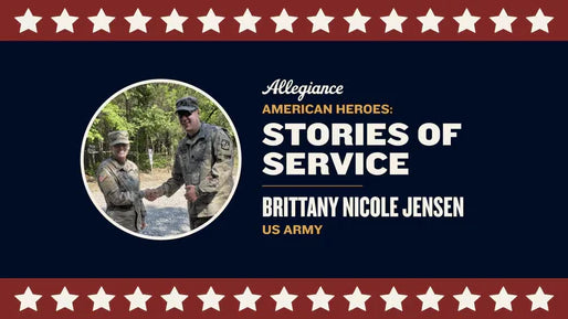 The image features Brittany Nicole Jensen, a US Army member, shaking hands with another service member in uniform outdoors