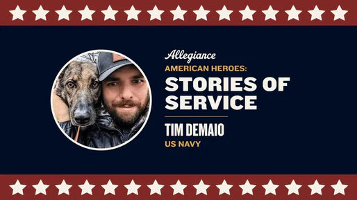 Tim DeMaio, US Navy veteran, posing closely with a dog, both displaying a strong & affectionate bond