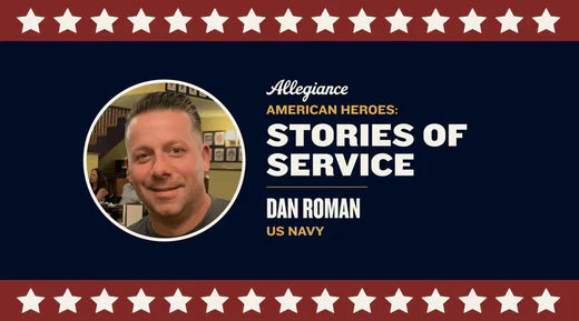 Dan Roman featured in "Stories of Service," honoring his dedication in the US Navy on a patriotic-themed background