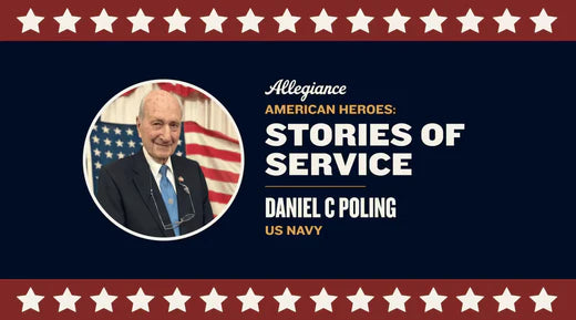 Daniel C Poling, wearing a suit, highlighted in "Stories of Service," celebrating US Navy veterans with an American flag backdrop