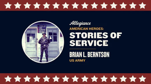 Brian L. Berntson, in military uniform, highlighted in "Stories of Service," celebrating US Army veterans on a patriotic-themed backdrop