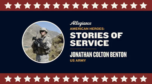 Jonathan Colton Benton is featured in military gear holding a rifle, as part of "Stories of Service," honoring his service in the US Army on a patriotic background