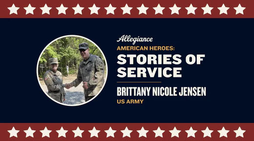 The image features Brittany Nicole Jensen, a US Army member, shaking hands with another service member in uniform outdoors