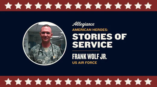 Frank Wolf Jr., a US Air Force service member, is pictured in uniform with a stethoscope in a medical facility