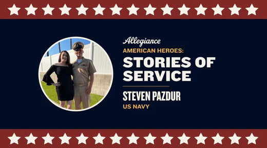 Steven Pazdur, US Navy serviceman, stands proudly in uniform next to a woman in a black dress outdoors