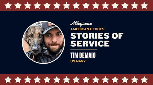 Tim DeMaio, US Navy veteran, posing closely with a dog, both displaying a strong & affectionate bond