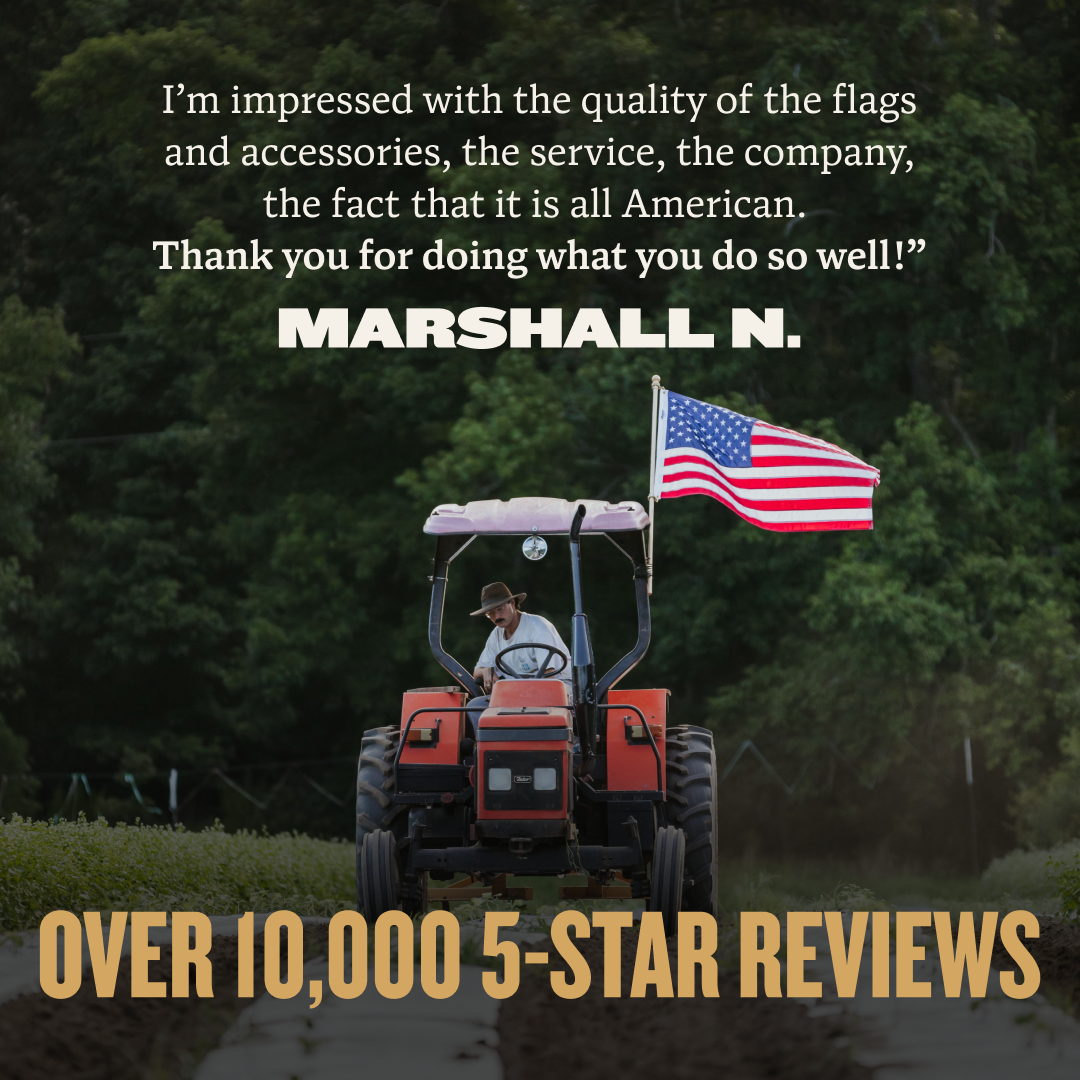 Man driving a tractor with an American flag, surrounded by trees, with a customer review overlay.