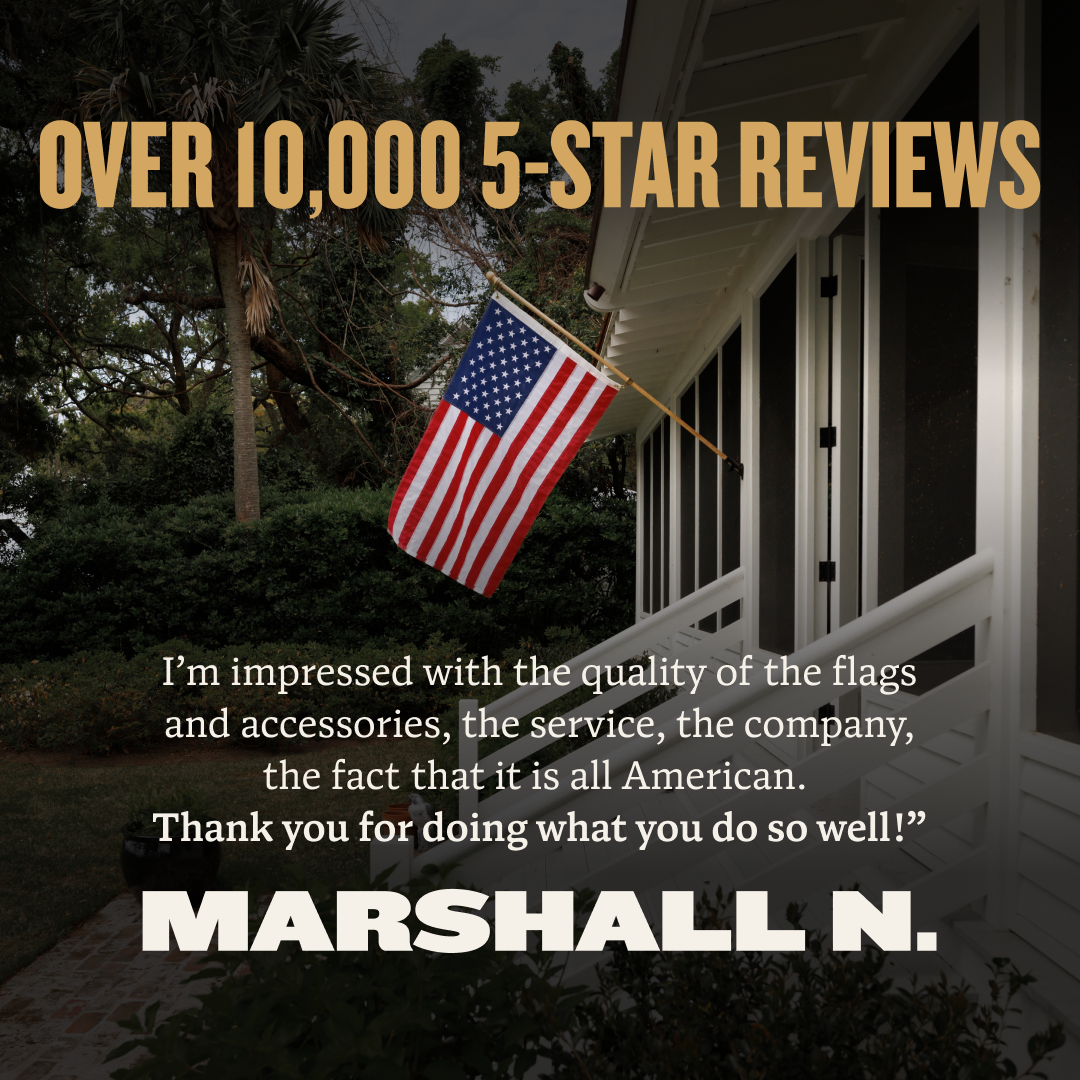 American flag on a porch with customer review text overlay