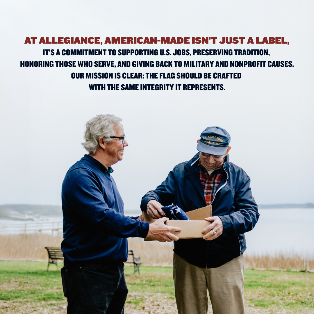 Two men outdoors by a body of water, with text about Allegiance's commitment to American-made products and support for U.S.
