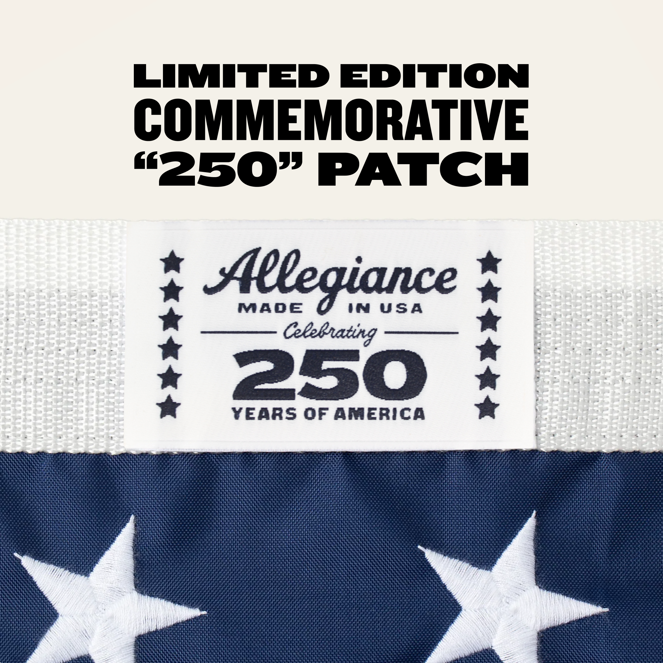 Commemorative '250' patch with 'Allegiance Made in USA' text on a flag background