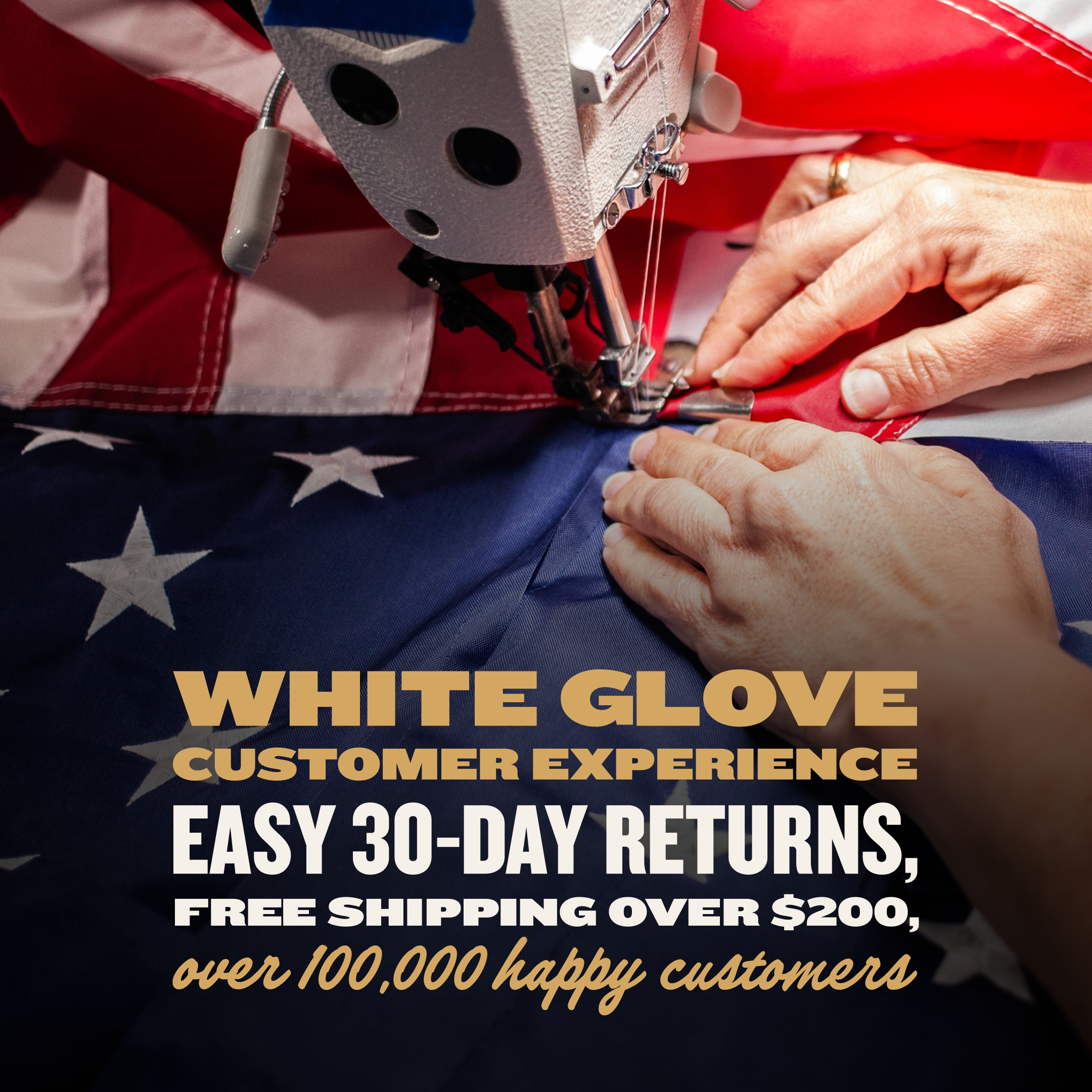 Person sewing on a flag with text about customer experience and returns.