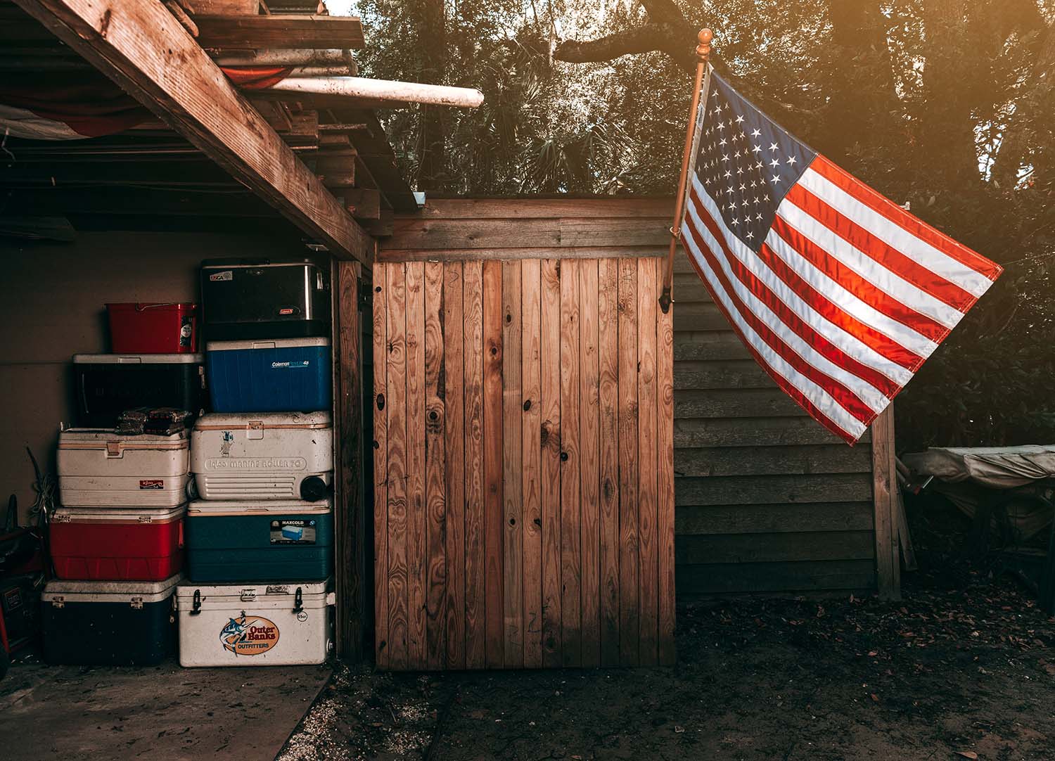 an images of a shed with a flag on it