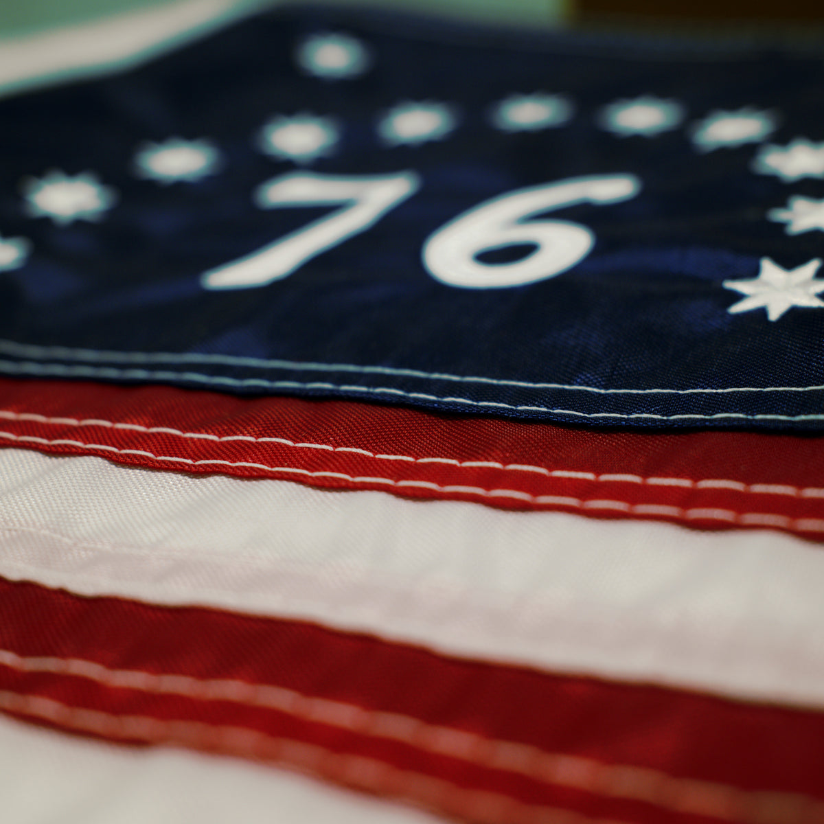 Close-up of a quilted fabric patriotic item featuring navy blue with white stars and the number 76, layered over red and white stripes.